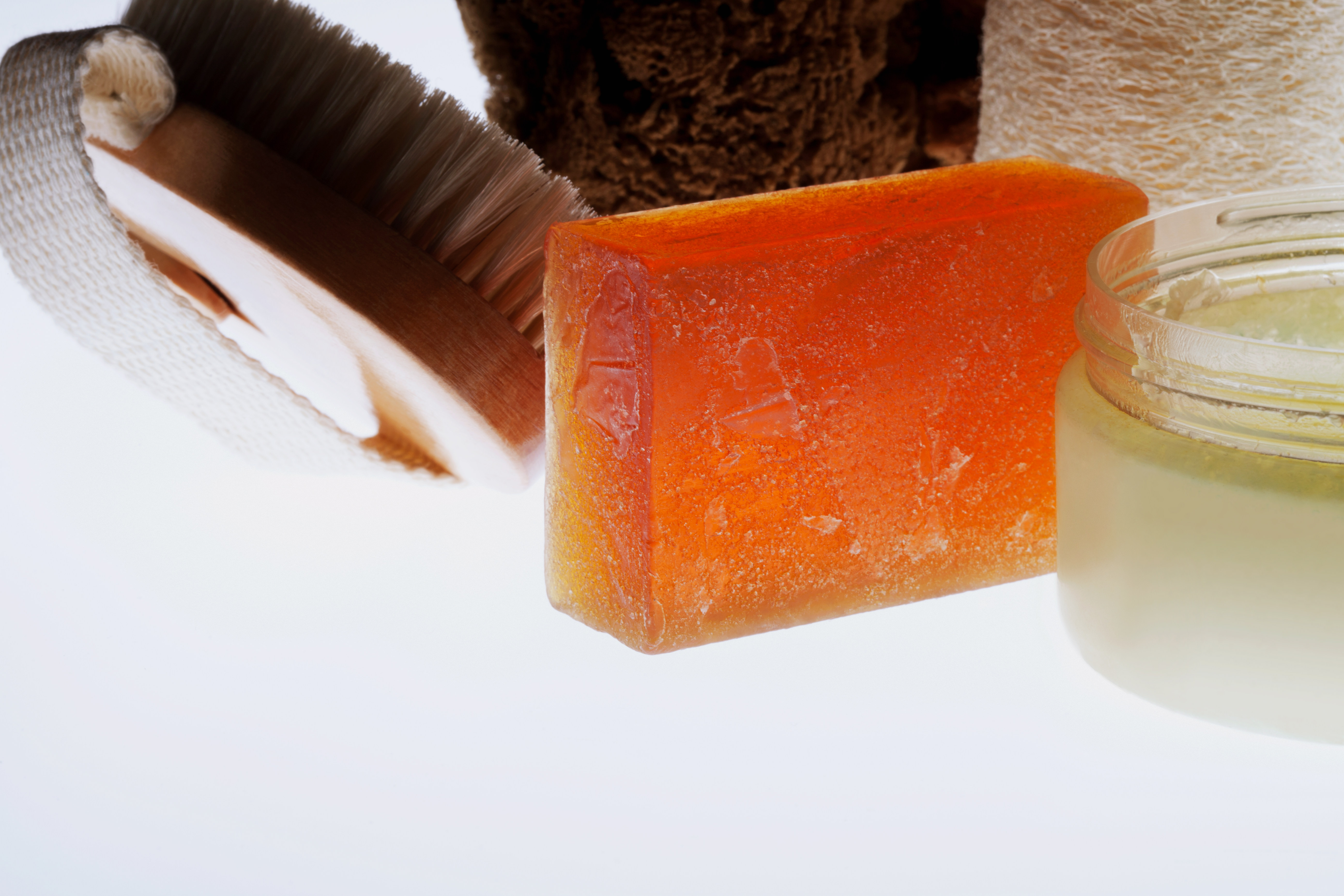 Soap, body brush and toiletries