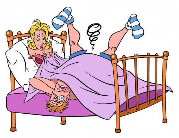 Couple in bed. Tired man after sex