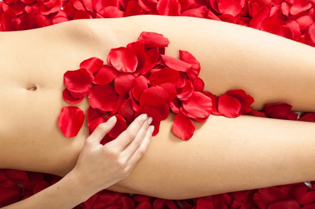female body with red rose petals