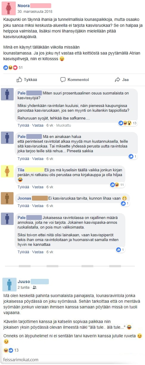 Feissarimokat, suomalaiset lounastauolla. 